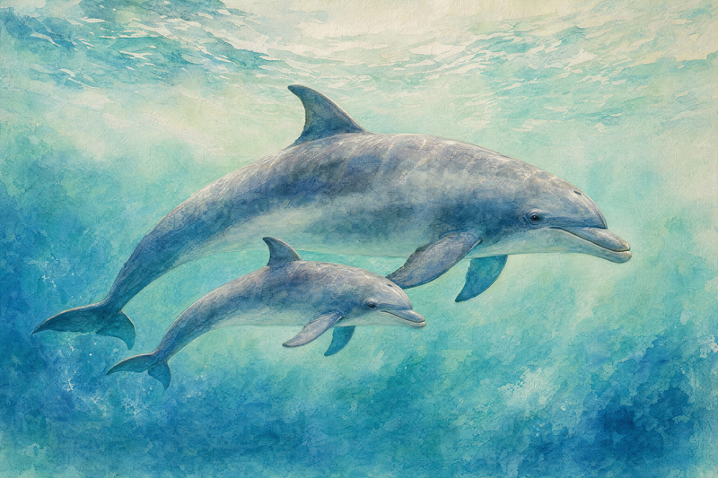 Dolphin Mother and Calf artwork, showing two dolphins together in pale blue watercolor-style water.