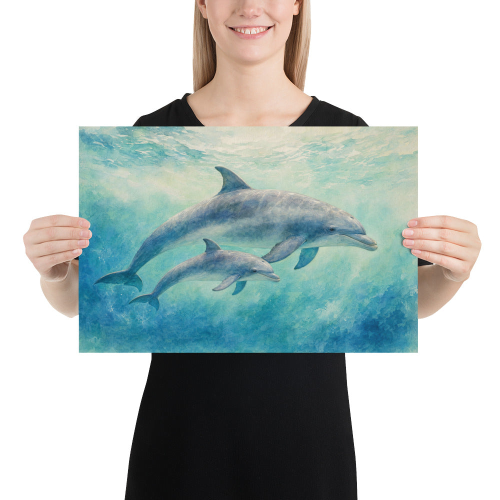 Person holding the Dolphin Mother and Calf Small paper print, 18 inches wide by 12 inches high. Printful mockup.