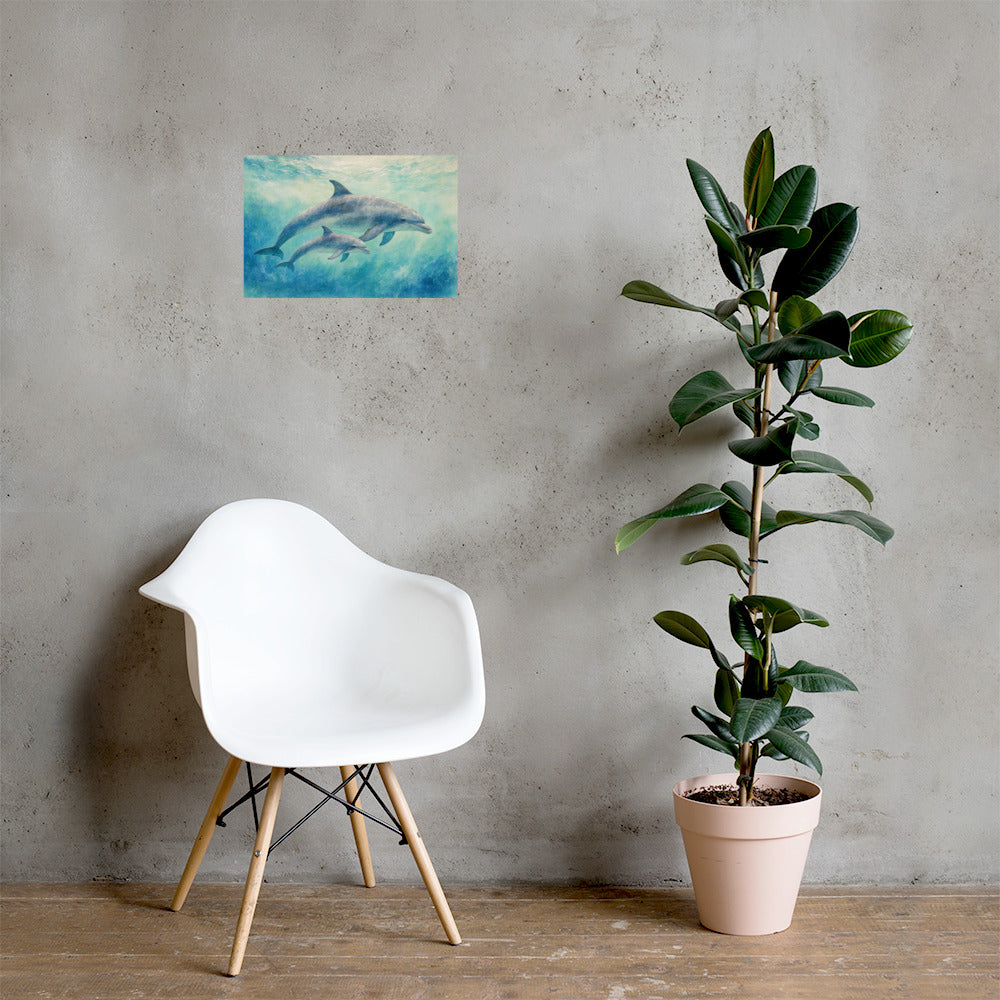 Dolphin Mother and Calf Small paper print in a room mockup with a white chair and plant. Room scale is illustrative.