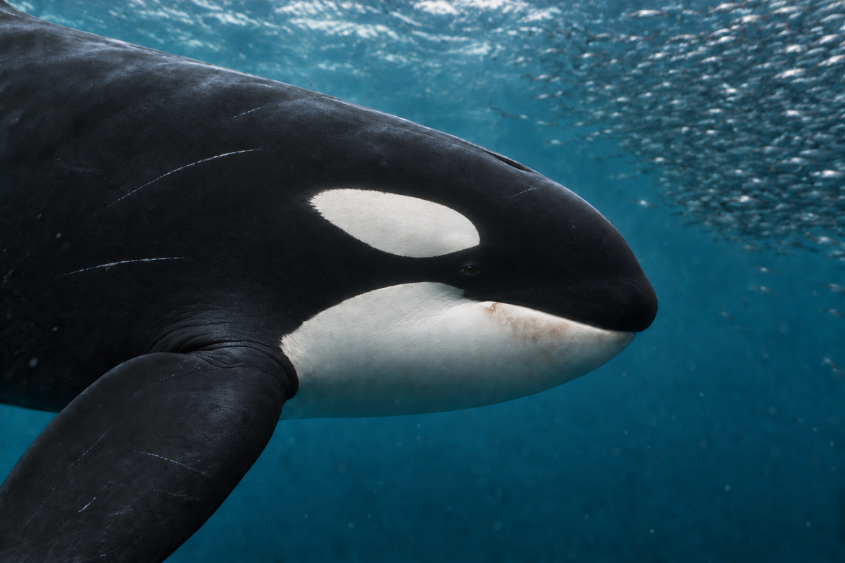 OrcaLune artwork of an orca passing close to the viewer, with a school of herring in the water behind it.