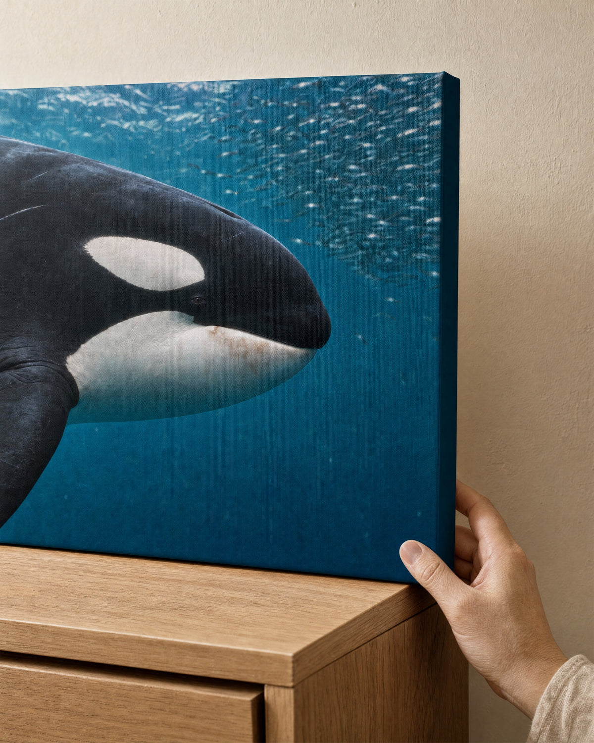 Illustrative close-up of the Orca and Herring canvas with a dark blue wrapped edge.
