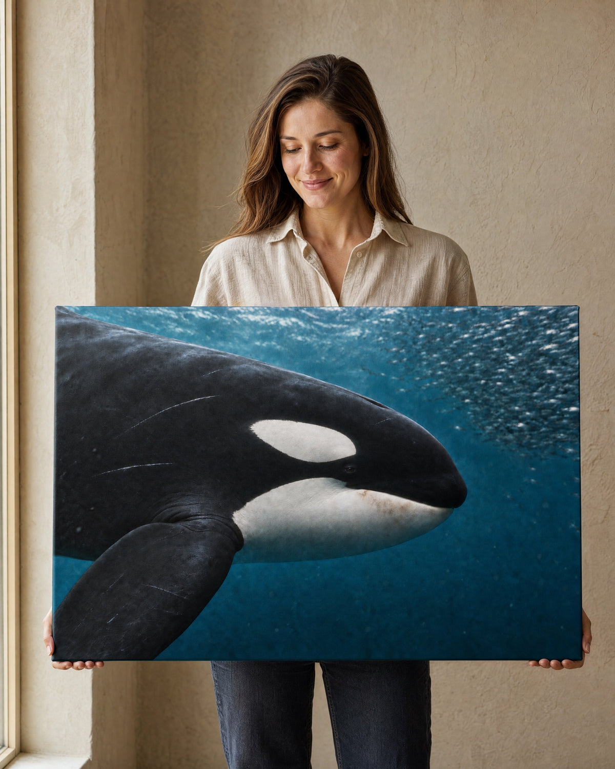 Illustrative mockup of a person holding the Orca and Herring canvas.