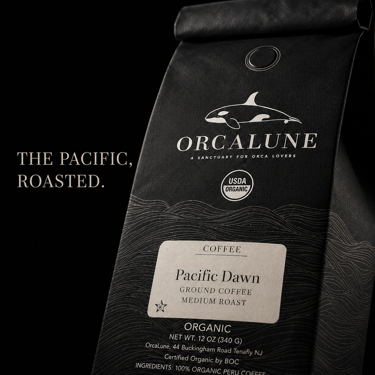Pacific Dawn matte black coffee bag, detail shot