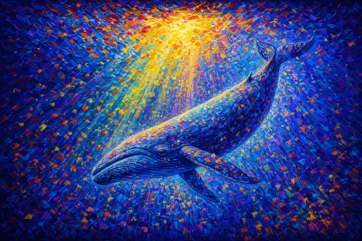 Whale in Golden Light artwork, showing a whale surrounded by deep blue and golden painterly color.