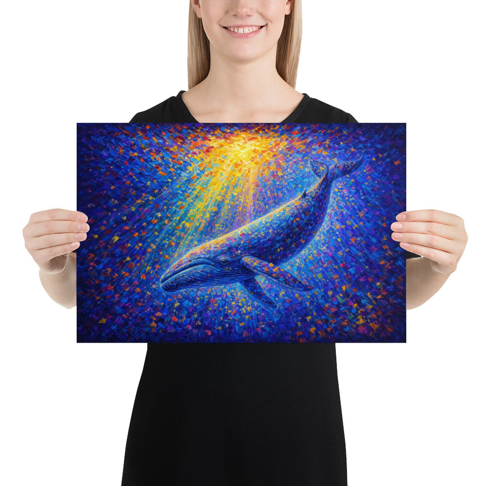 Person holding the Whale in Golden Light Small paper print, 18 inches wide by 12 inches high. Printful mockup.