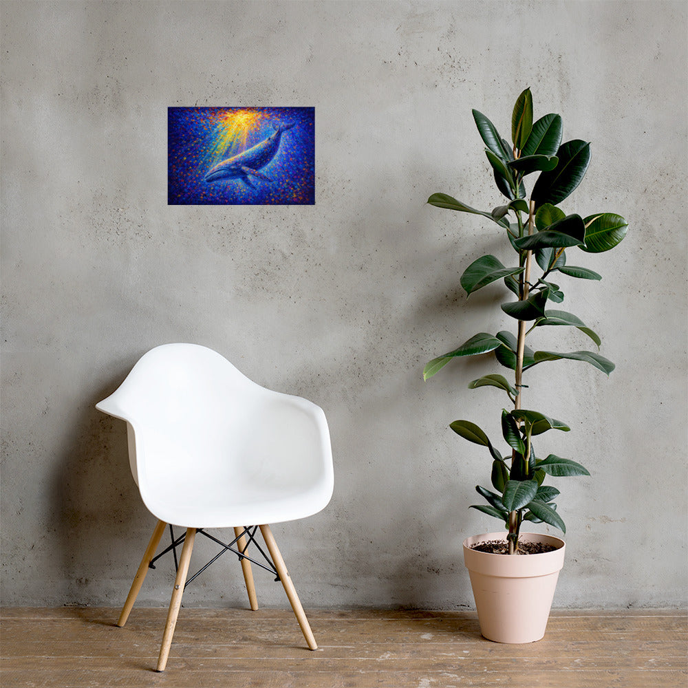 Whale in Golden Light Small paper print in a room mockup with a white chair and plant. Room scale is illustrative.
