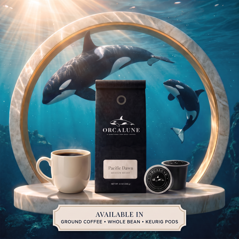 OrcaLune Pacific Dawn medium roast coffee bag with two pods and a cup of coffee beneath an underwater arch with two orcas. Available in ground coffee, whole bean and Keurig pods.